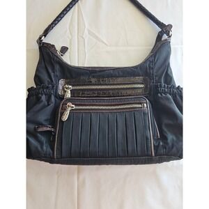 Brighton Black Nylon Shoulder Bag with Faux Croc Trim and Pleated Front Pocket